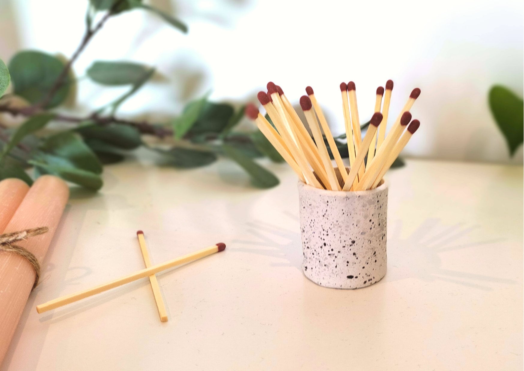 Handmade boho clay match holder with matches, paint splatter, grey and white, match pot