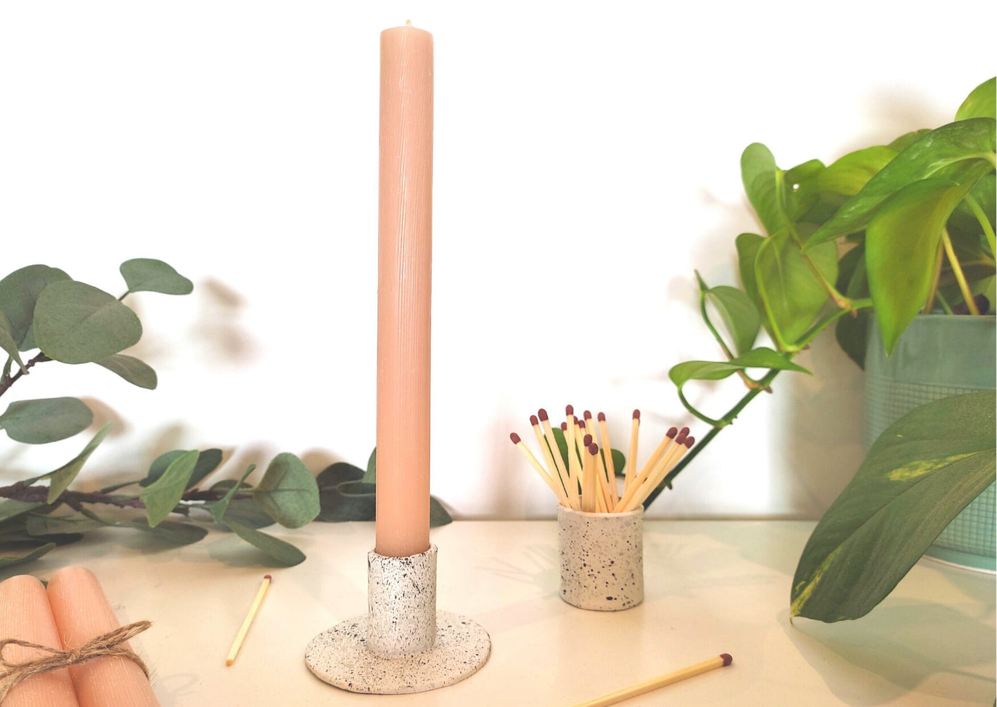 Long tapered candle in blush or taupe, poured candle, candle stick