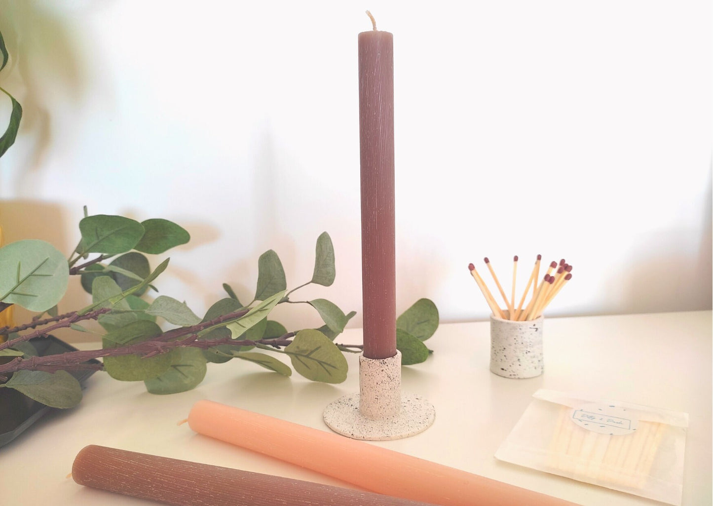 Long tapered candle in blush or taupe, poured candle, candle stick