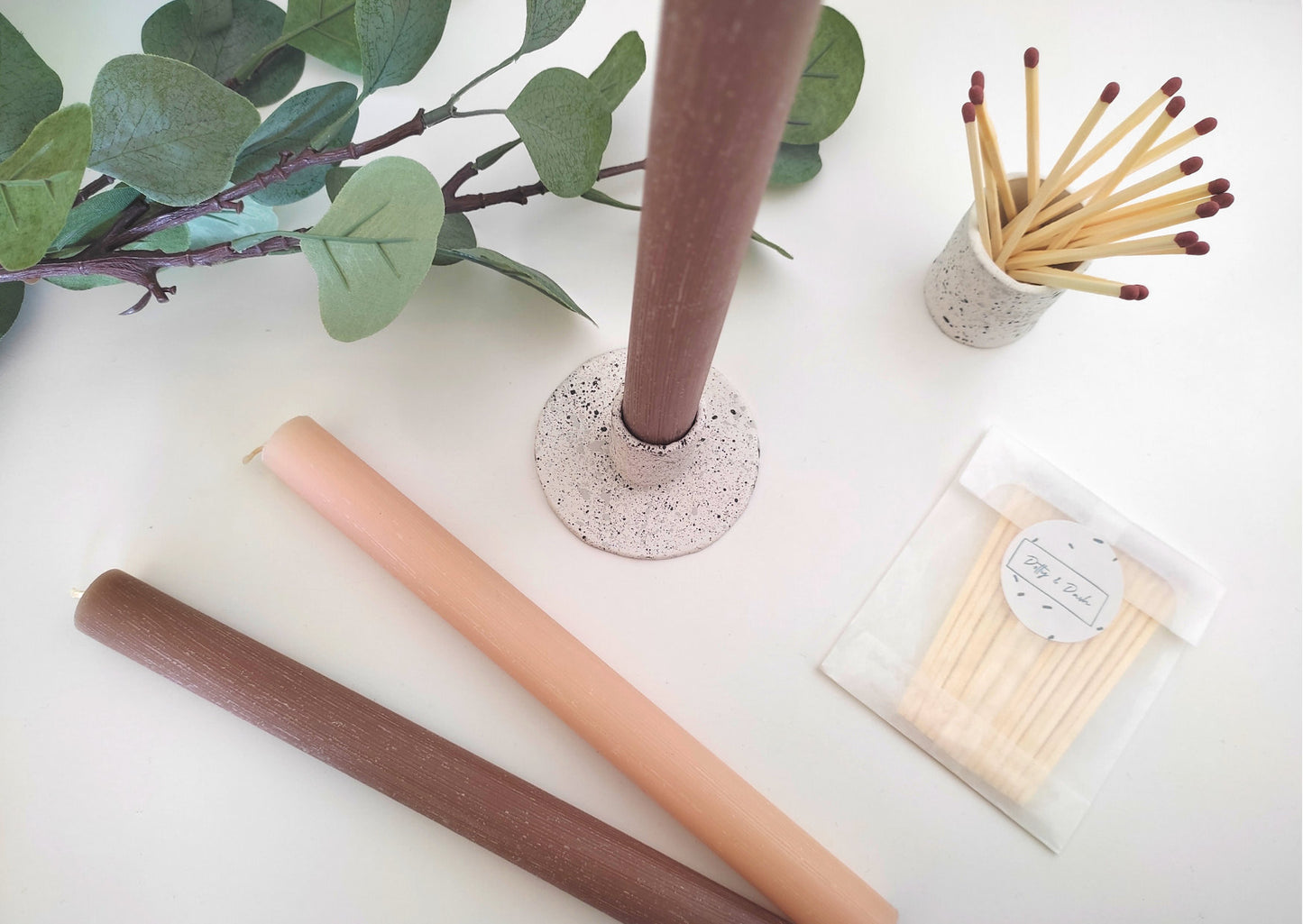 Long tapered candle in blush or taupe, poured candle, candle stick