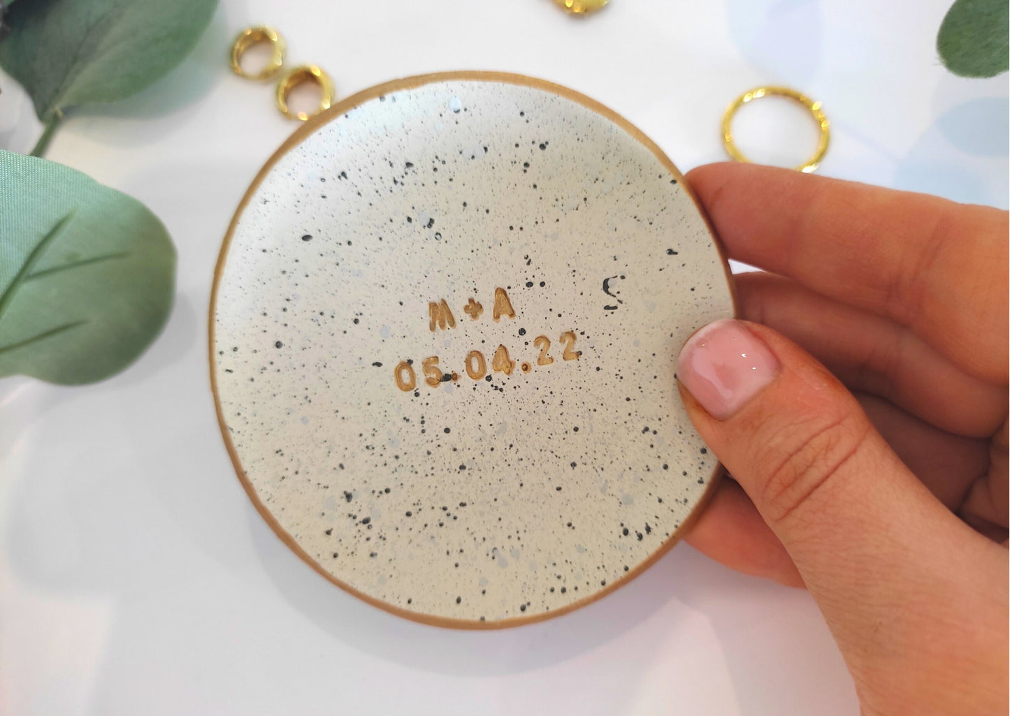 Handmade personalised ring dish with initials and date, wedding gift, new baby, engagement present, birthday present, splatter dish, ring