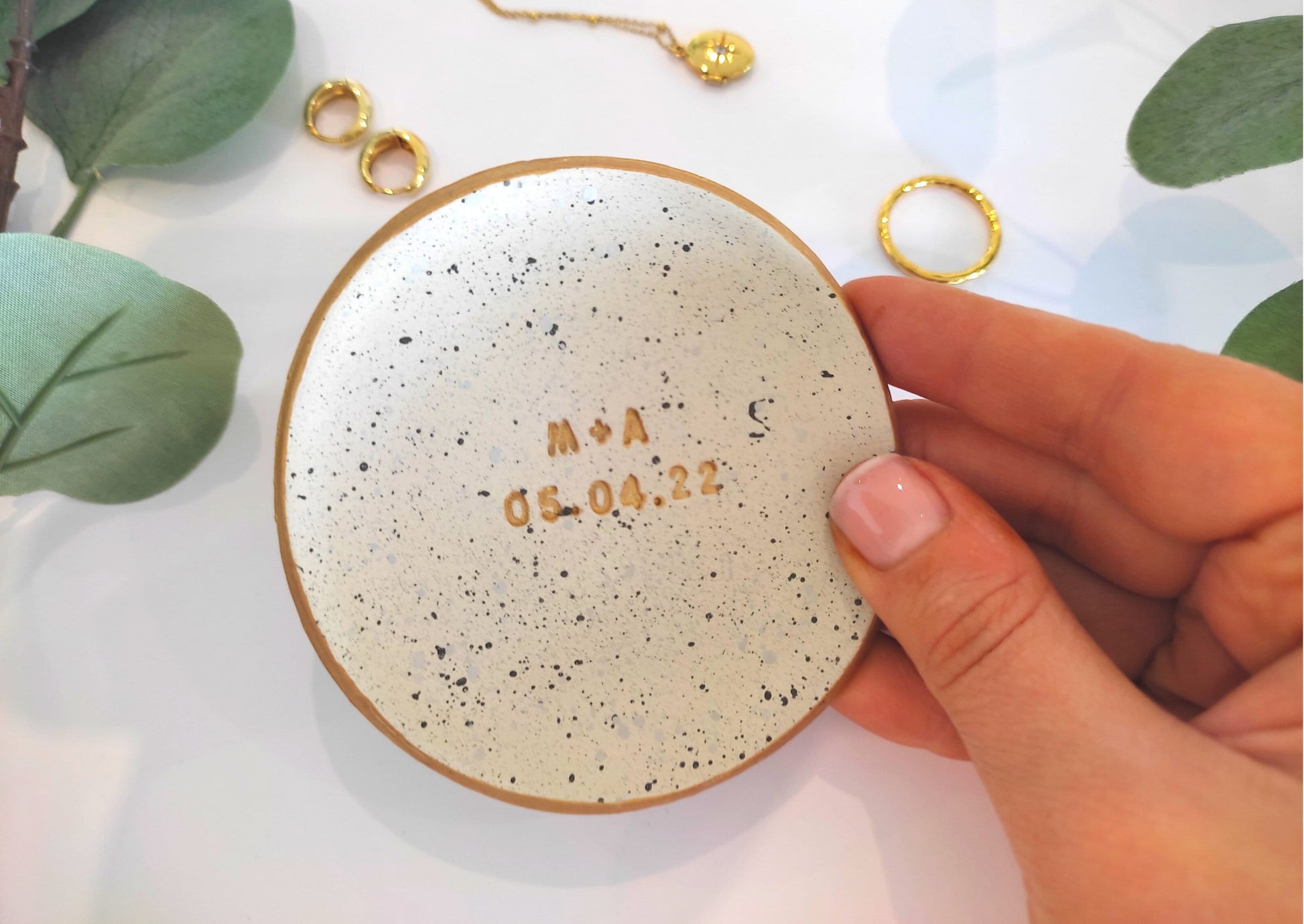 Handmade personalised ring dish with initials and date, wedding gift, new baby, engagement present, birthday present, splatter dish, ring