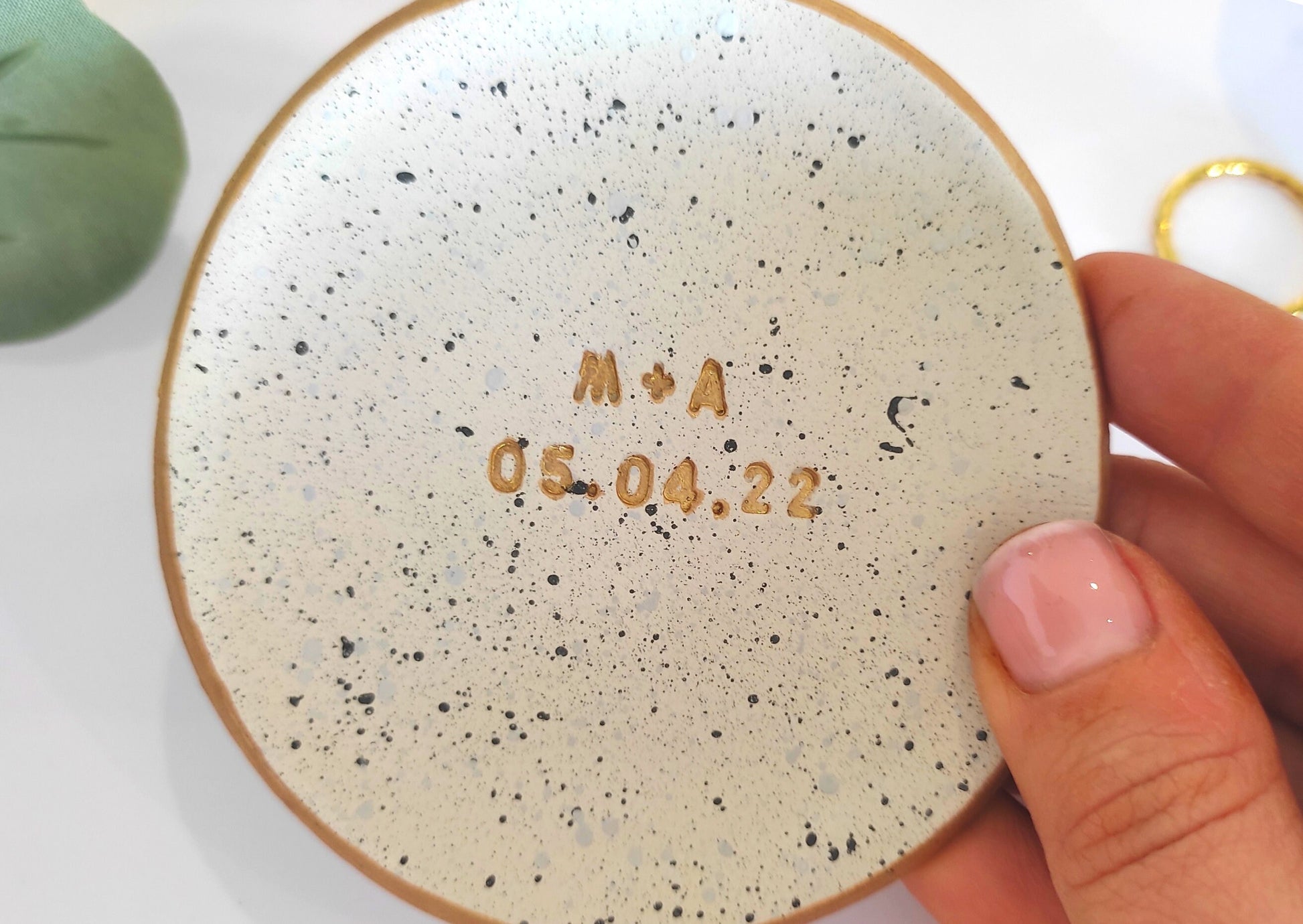 Handmade personalised ring dish with initials and date, wedding gift, new baby, engagement present, birthday present, splatter dish, ring