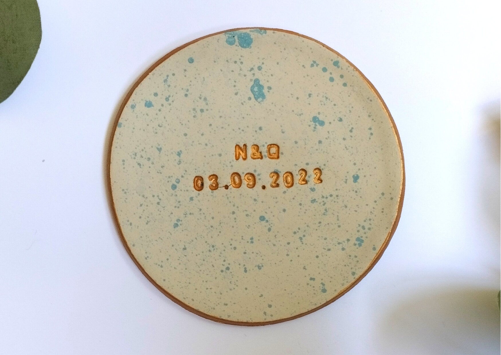 Handmade personalised ring dish with initials and date, wedding gift, new baby, engagement, birthday present, splatter dish, blue, green