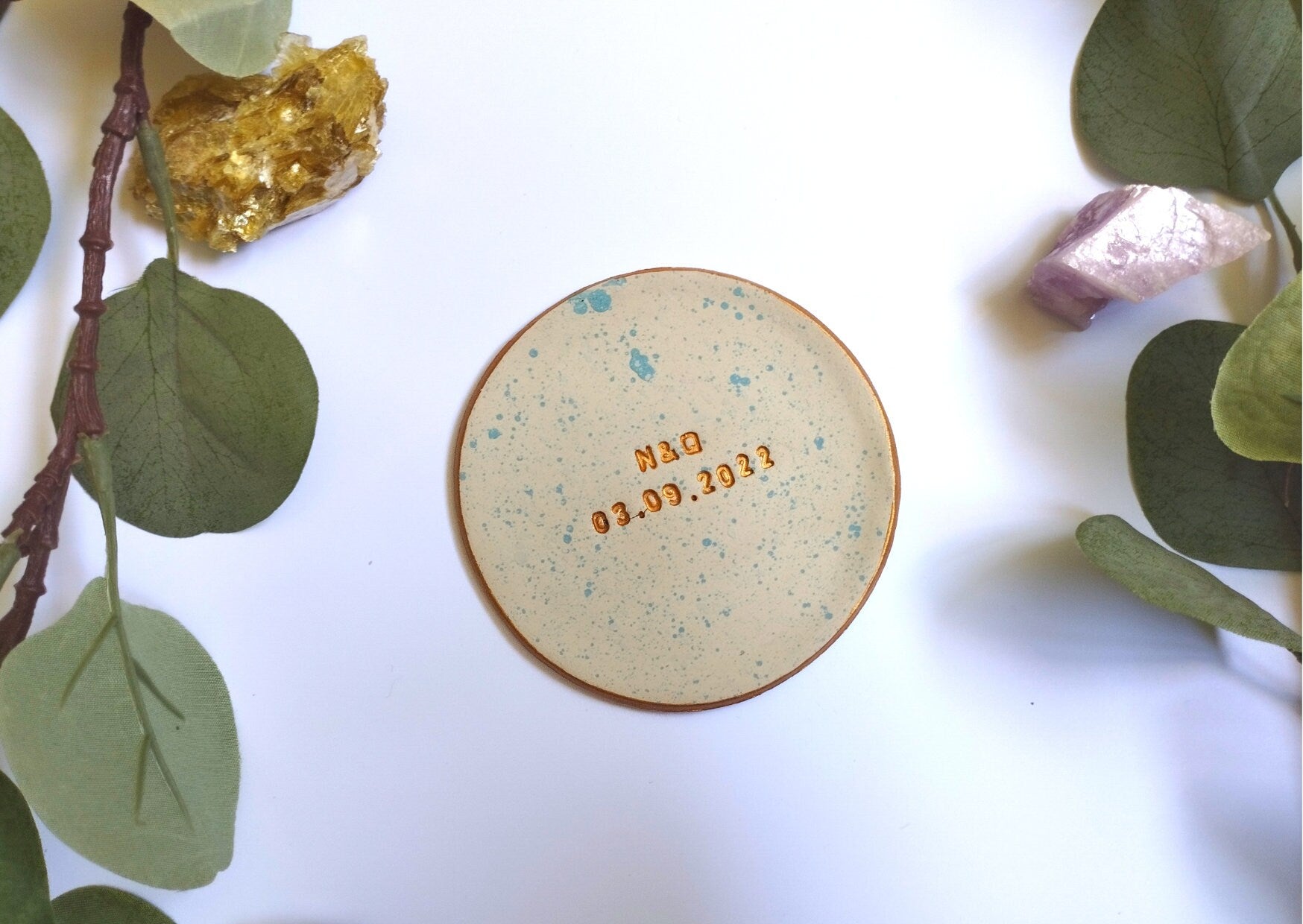 Handmade personalised ring dish with initials and date, wedding gift, new baby, engagement, birthday present, splatter dish, blue, green