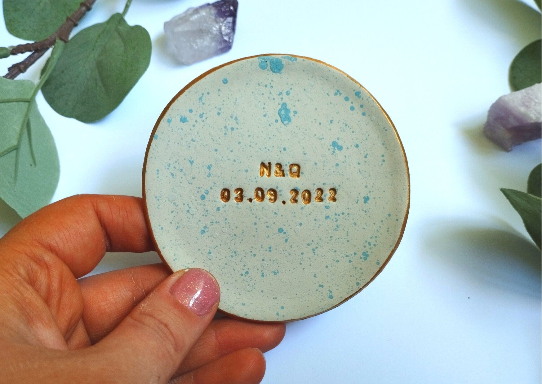 Handmade personalised ring dish with initials and date, wedding gift, new baby, engagement, birthday present, splatter dish, blue, green