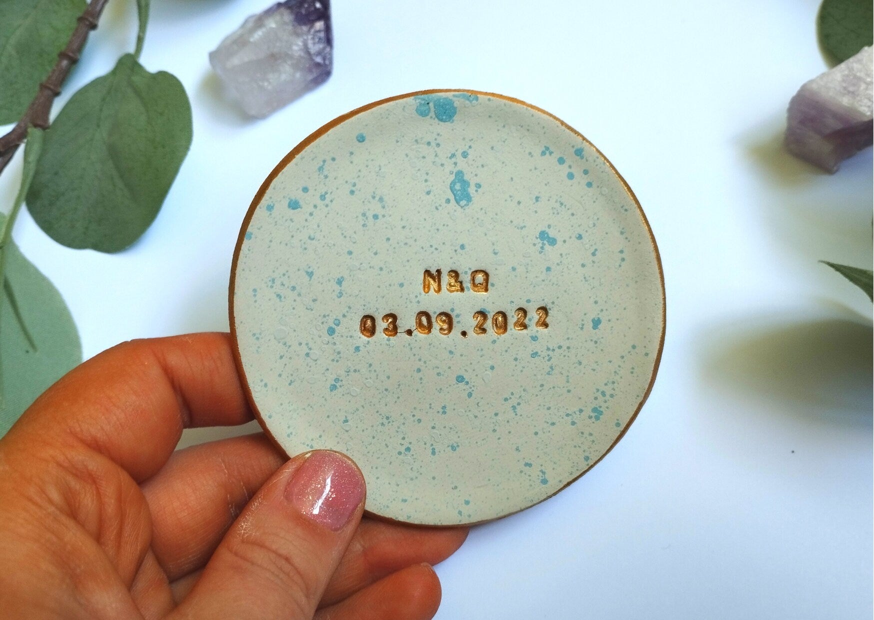 Handmade personalised ring dish with initials and date, wedding gift, new baby, engagement, birthday present, splatter dish, blue, green